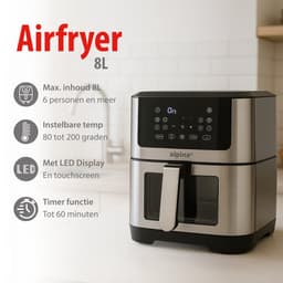 alpina Airfryer XXL - Heteluchtfriteuse 8 Liter - Air Fryer voor 6 Personen en Meer - Heteluchtoven met Digitaal Touchscreen - Instelbare Temperatuur 80 tot 200 Graden - Warmhoudfunctie — thumbnail 2