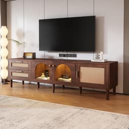 TV-meubel 180 cm breed met LED-verlichting en rieten deuren voor grote televisies — thumbnail 1