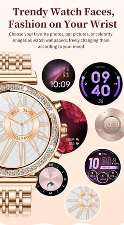 Knobbout Luxe Dames Smartwatch 1.27” met Kristallen – Bluetooth Bellen – HD Touchscreen – Hartslag, Bloeddruk & SpO₂ Monitoring – Vrouwelijke Gezondheidsfuncties – AI spraakassistent– IP68 Waterdicht – Zilver stalen band — thumbnail 10