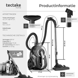 tectake® Zakloze Stofzuiger VC900 - Sterke 900 W Stofzuiger met Snoer - Eenvoudig Schoon te Maken - Zonder Zak - Geschikt voor Tapijten en Gladde Vloeren - Snoerlengte 490cm — thumbnail 5