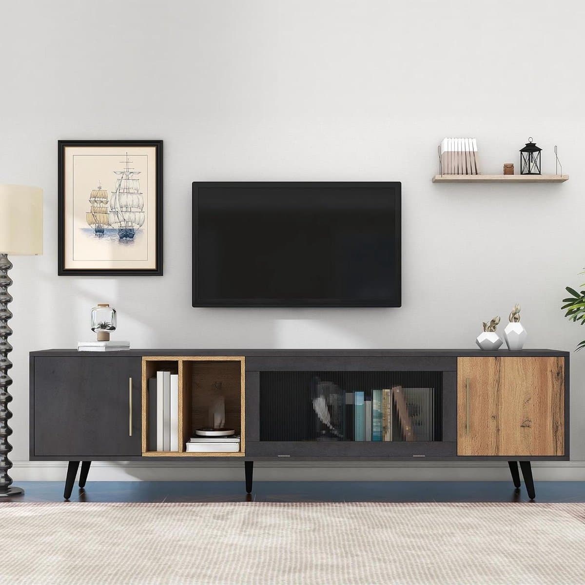 Tv-kast met deuren - Lowboard tv-meubel - Woonkamer organiseren - Glazen bedienbare deur - 200x40x55.5 cm - Grijs en houtkleur — afbeelding 1