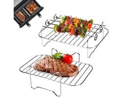 Airfryer-rek - 2 stuks - Vierkant Airfryer - grillrek - RVS grill-dehydratorrek - Stapelbaar - Airfryer-mandje - Airfryer-accessoires - Oven- en vaatwasserbestendig - voor Airfryer-bakken en koken - 20*13*7 - zilver