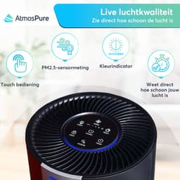 AtmosPure® CleanAir Luchtreiniger - Air Purifier met vervangbaar HEPA 13 + Koolstof filter - CADR 250 m³/h - Zwart - Voor 98 m² - Filtert pollen, huisstofmijtallergenen en fijnstof - 3 standen + stille slaapstand - Luchtkwaliteit Sensor — thumbnail 8