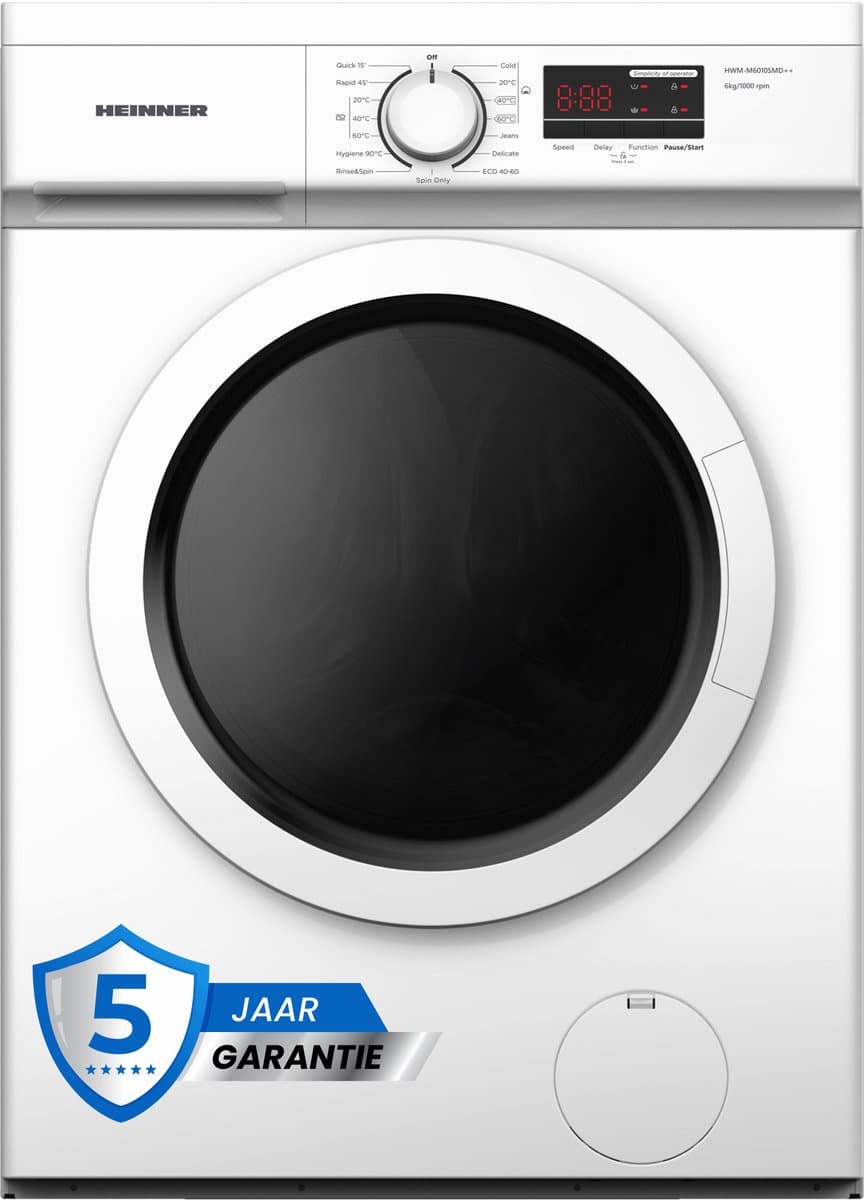 Heinner HWM-M6010SMD++ Slanke Wasmachine 6 kg – 15 Wasprogramma’s – 1000 tpm – Kinderslot – Digitaal Display – Wit – 5 Jaar Garantie — afbeelding 1