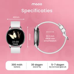 Maoo Ventura AMOLED Smartwatch Dames - RVS en 4x Siliconen Bandje - Stappenteller - Hartslagmeter - Slaapmonitor - Multisport - Geschikt voor Android en iOS - Zilver en Wit — thumbnail 6