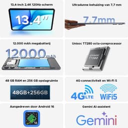 POCKAM P13 Pro Tablets - 12 GB RAM + 256 GB ROM (2 TB/TF) - 13,4 inch tablet FHD+ 120 Hz – Android 16 - UNISOC T7280 - 12000 mAh/18W - 4G LTE - Wi-Fi 5 - Bluetooth 5.0 - Inclusief toetsenbord, muis, Stylus en hoesje - Dubbele luidsprekers - Grijs — thumbnail 6