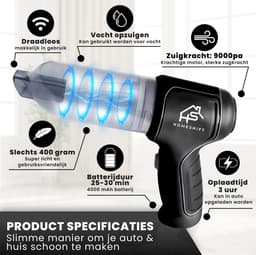 HomeShift® Auto Stofzuiger Draadloos V2 - Kruimelzuiger - Handstofzuiger - Kleine Stofzuiger - Draadloze stofzuiger - Air Duster - Nat & Droog - Zwart — thumbnail 3