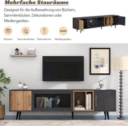 Tv-kast met deuren - Lowboard tv-meubel - Woonkamer organiseren - Glazen bedienbare deur - 200x40x55.5 cm - Grijs en houtkleur — thumbnail 5