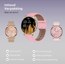 Kiraal Valencia AMOLED Smartwatch voor Dames - RVS, Lederen en Siliconen Bandje - Hartslagmeter - Stappenteller - Slaapmonitor - Multisport - Compatibel met Android en iOS - Rosé Goud en Roze — thumbnail 2