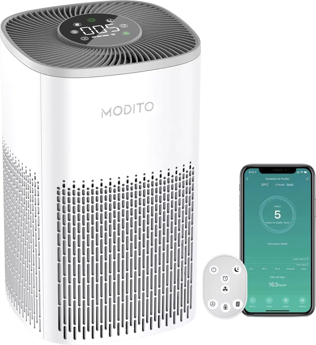 Modito luchtreiniger - Air Purifier met APP - 4-in-1 filtersysteem - Ionisatie - HEPA 13 filter + koolstoffilter - Verminderd huisstofmijt, hooikoorts, allergie & stof - Wit - 210 m³/u — afbeelding 1