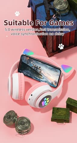 kinder hoofdtelefoon draadloos - Cat Headphone - Draadloze koptelefoon Bluetooth met led kattenoortjes blauw | Koptelefoon voor Kinderen - Met Led Kat Oortjes | met verlichting poot — thumbnail 9