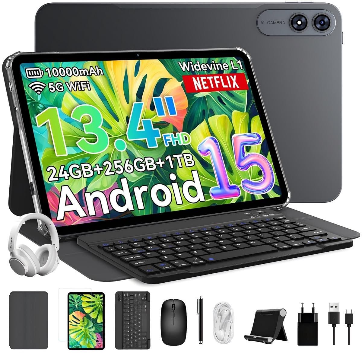 TABWEE Tablet - T60 Pro Tablet - 10000 mAh - 13.4 Inch FHD - met over-ear hoofdtelefoon - 24GB RAM - 256GB ROM - Android 15 Tablet - SD 2TB - 5G WIFI - Grijs — afbeelding 1
