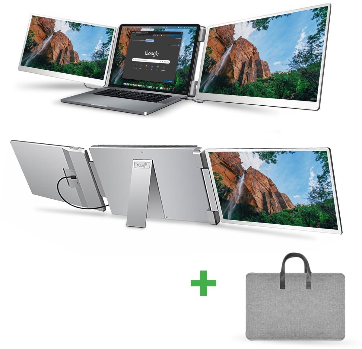Portable Monitor 2x 15,6 inch Full HD - Tri Screen Laptop Scherm Uitbreider - Extra Scherm Laptop - Draagbare Monitor - Plug & Play - Solvify — afbeelding 1