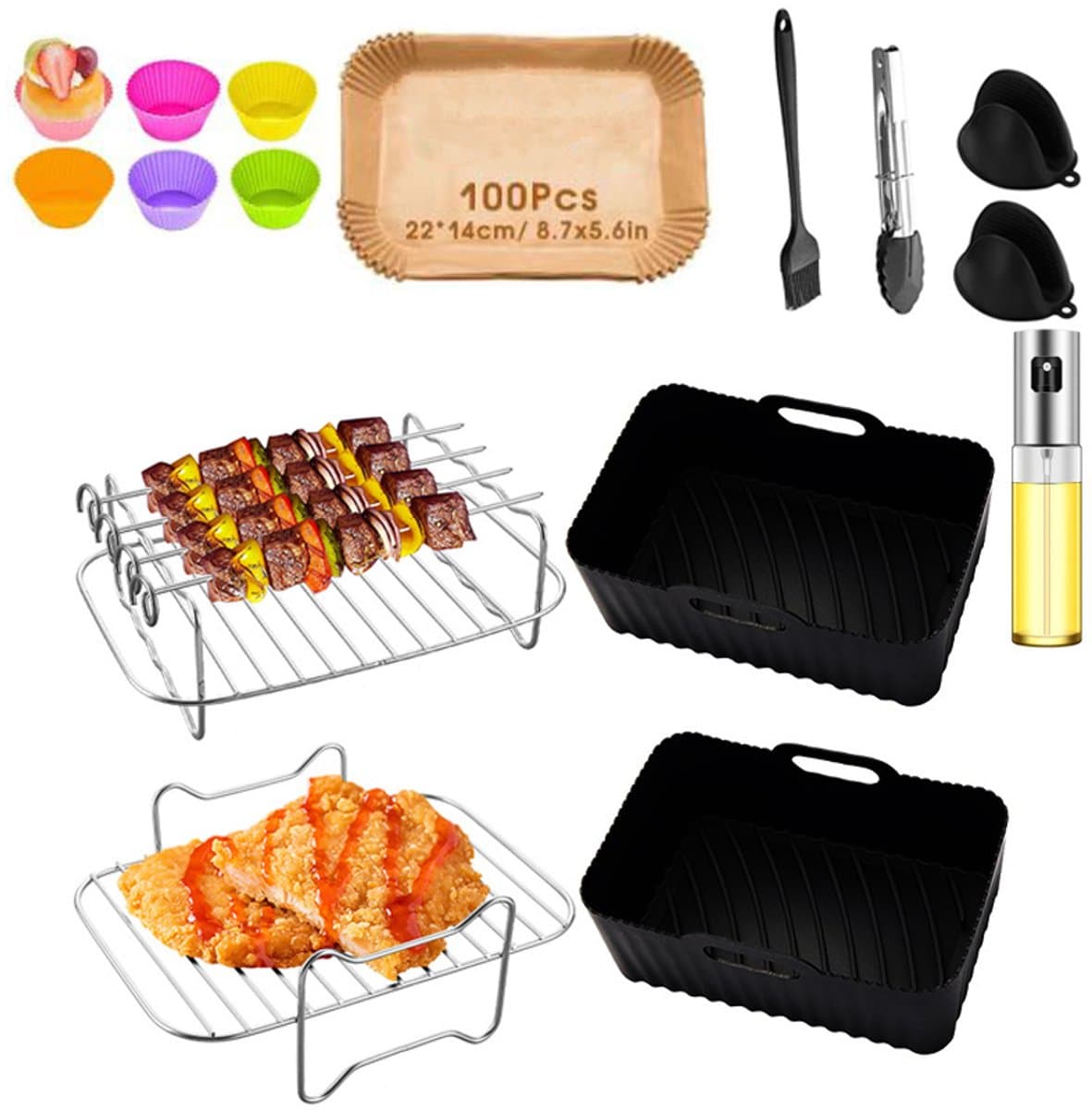 16 delig Airfryer Accessoireset - 304 Roestvrijstaal - Meerdere Lagen Rack voor Dubbele Zone Airfryer - Airfryer Accessoires Complete Set-Inclusief Airfryer Siliconen Bakje - Geschikt voor Philips Airfryer XL & Airfryer XXL HD9650 — afbeelding 1