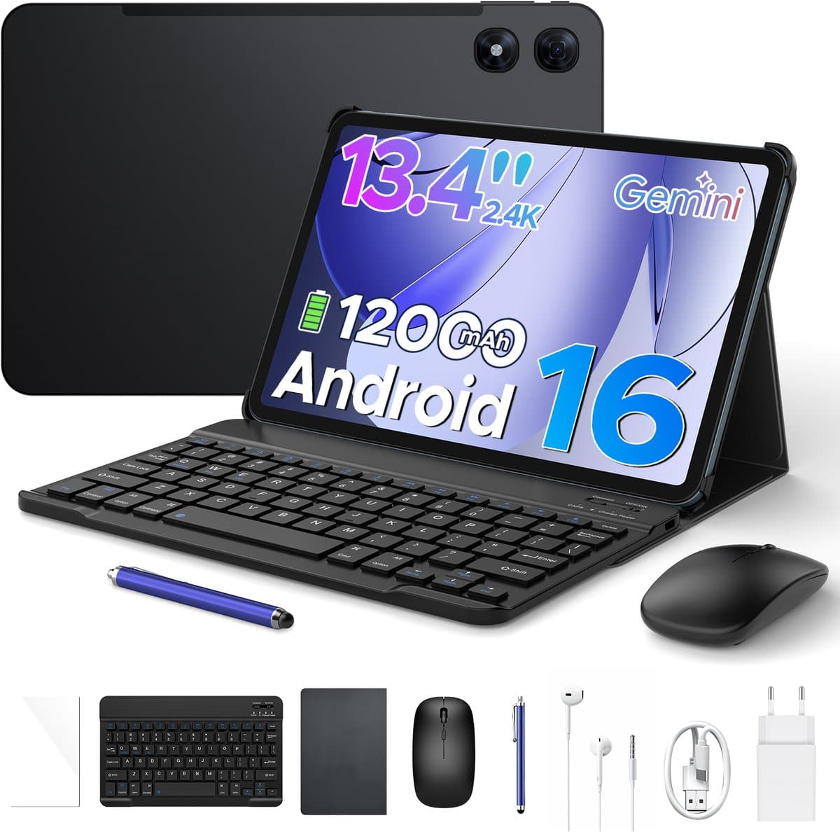 Aorlym P13 Pro - Tablet - 12 GB RAM + 256 GB ROM (2 TB/TF) - 13,4 inch tablet FHD+ 120 Hz - Android 16 - UNISOC T7280 - 12000 mAh - 4G LTE - Wi-Fi 5 - Bluetooth 5.0 - Inclusief toetsenbord, muis, Stylus en hoesje - Dubbele luidsprekers - Zwart — afbeelding 1