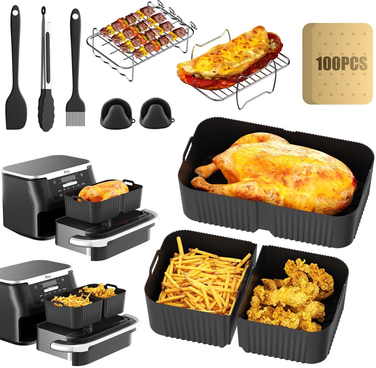 Airfryer Accessoires Set 15-delig – Geschikt voor Ninja Foodi AF500EU FlexDrawer 10,4L & COSORI TwinFry 10L – Inclusief Siliconen Matten, Grillrek & Spiesen — afbeelding 1