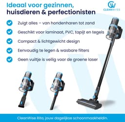 CleanWise Rita – Steelstofzuiger Draadloos met Kruimeldieffunctie – Zonder Zak op Accu – 30kPa Zuigkracht – Groene Laser – HEPA 14 Filter – Lichtgewicht 1,5 kg – Tot 60 Min Accuduur – Voor Huisdierharen – Nederlands Product — thumbnail 2