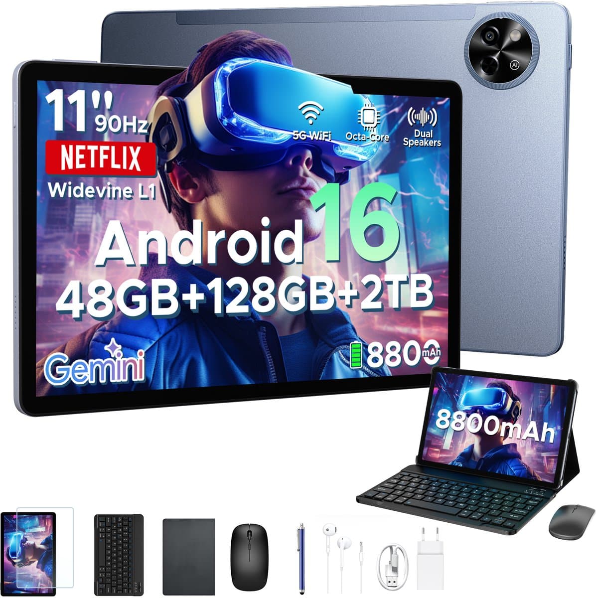 POCKAM P11 Tablet - 48GB RAM+128GB ROM/TF 2TB - Android 16 - 11 inch tablet 90Hz - T7250 - 8800mAh - 13MP+5MP - Gemini AI - Widevine L1 - Face ID - 5G WIFI - Dubbele luidsprekers - Pen, toetsenbord, muis - Grijs — afbeelding 1