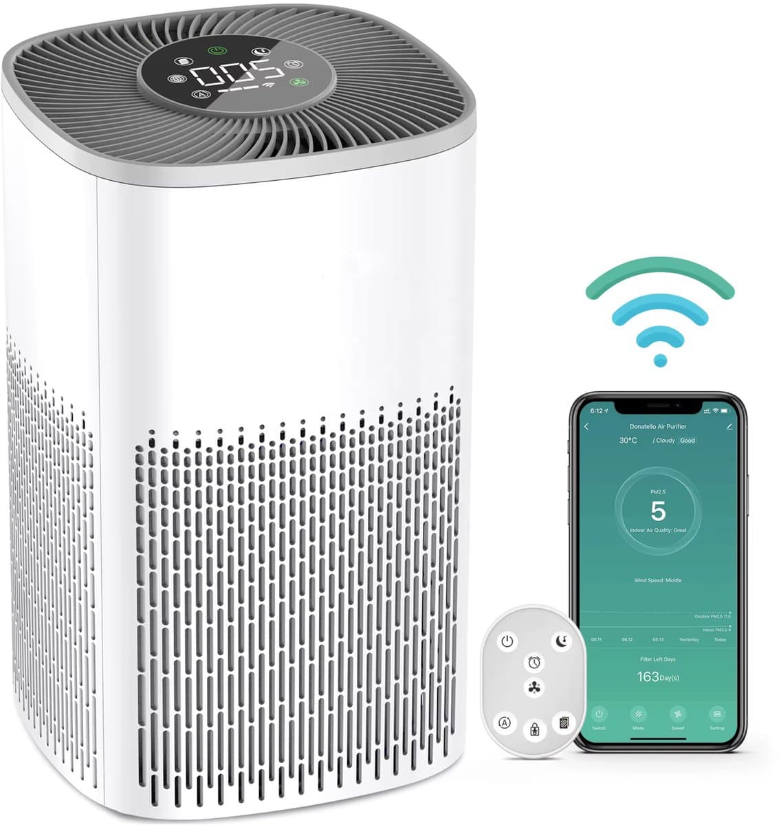 Smart Air Purifier DN-905 - Luchtreiniger met HEPA-filter - Voor Baby & Slaapkamer - Stil (≤ 65 dB) - App & Afstandsbediening - 36 m² Dekking - Wit — afbeelding 1
