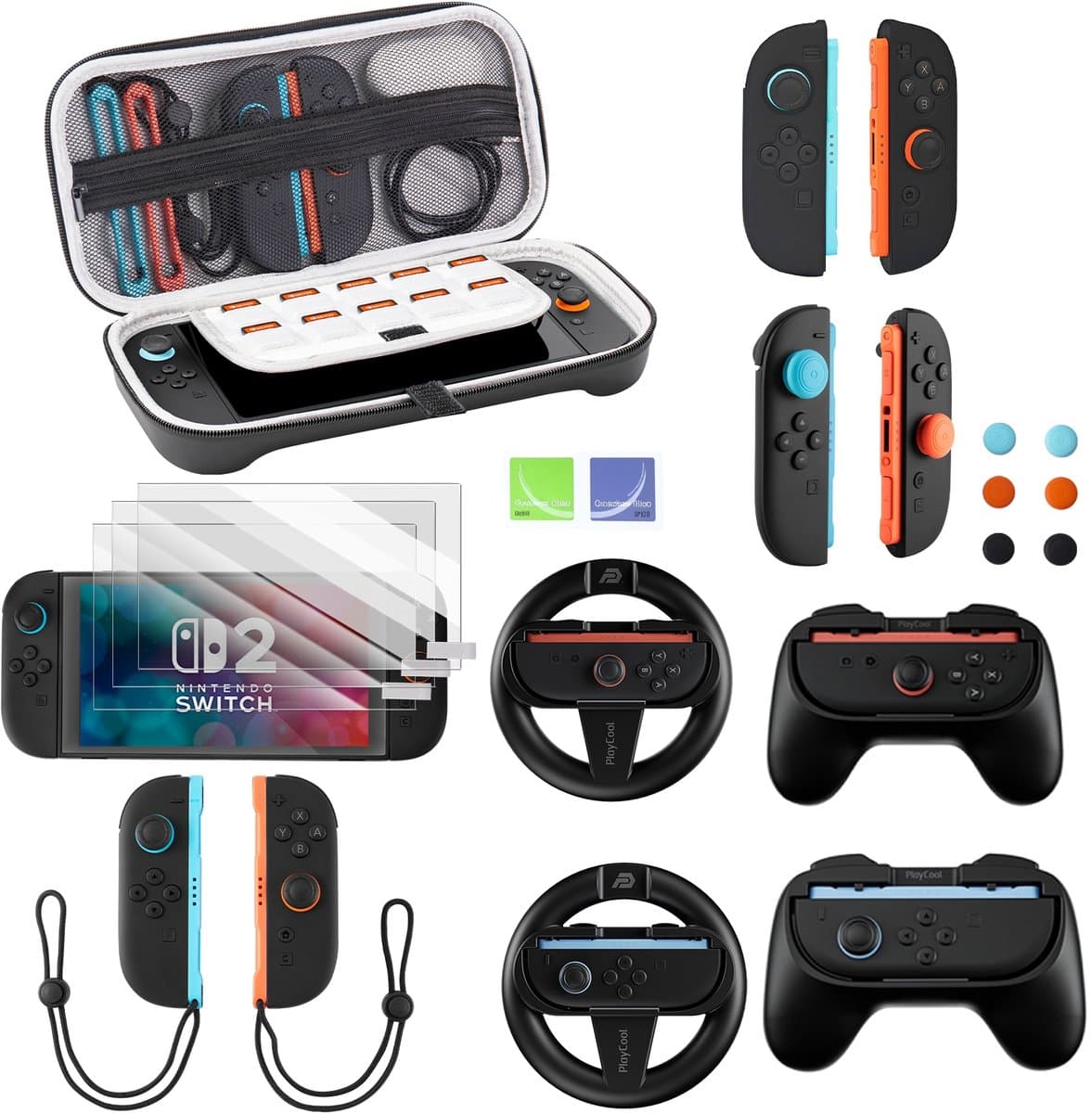 PlayCool 18-in-1 Bescherm & Race Kit – Accessoirebundel voor Nintendo Switch 2 – Beschermhoes, Screenprotectors, Thumb Grips, Joy-Con Siliconen Covers, Stuurset, Controller Grip set & Straps — afbeelding 1