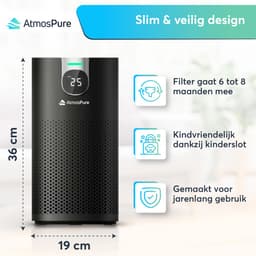 AtmosPure® CleanAir Luchtreiniger - Air Purifier met vervangbaar HEPA 13 + Koolstof filter - CADR 250 m³/h - Zwart - Voor 98 m² - Filtert pollen, huisstofmijtallergenen en fijnstof - 3 standen + stille slaapstand - Luchtkwaliteit Sensor — thumbnail 11