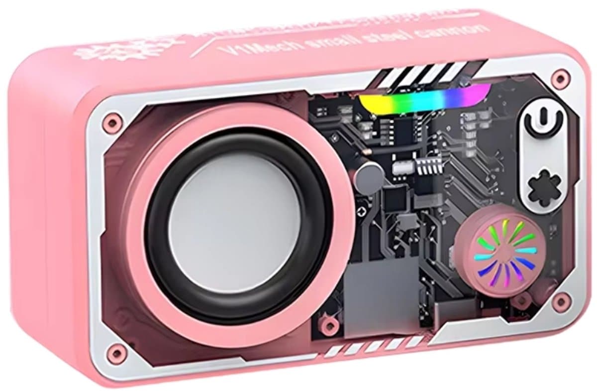 Fivesquare SteelCannon RGB Speaker – Mini Bluetooth Speaker met Transparant Industrieel Design, 5W Bass & RGB Ambient Licht Roze — afbeelding 1