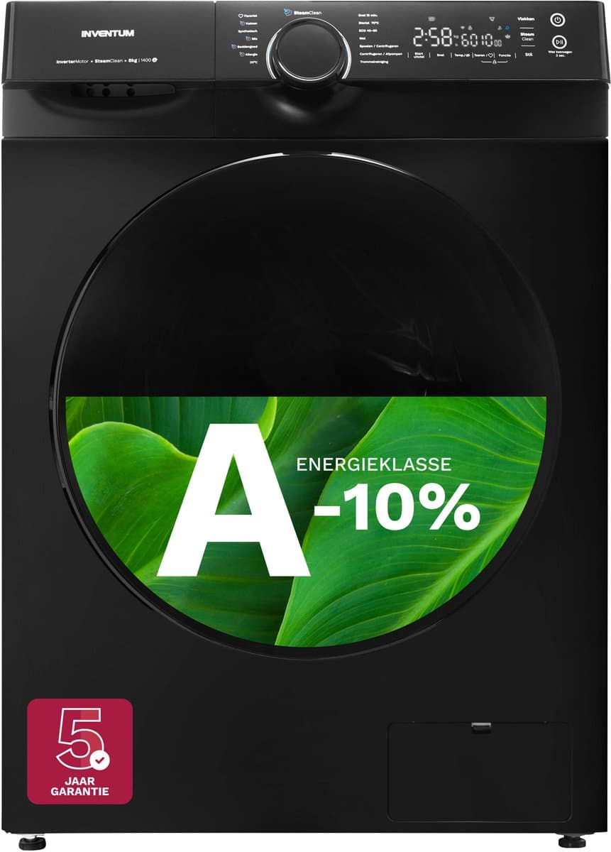 Inventum VWM8010B - Wasmachine - 8kg - 14 programma's - 1400 toeren - Energieklasse A-10% - Steam Clean - Stil: 72 dB - Zwart — afbeelding 1