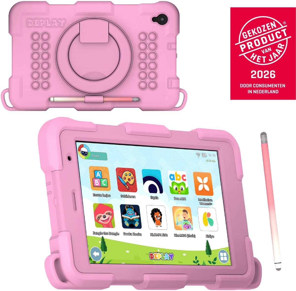 DEPLAY Kindertablet SMART 5 – Android 15 - 64GB Opslag - 4GB RAM – Kidsproof Tablet – Ouder controle – Vanaf 2+ Jaar – 8 Inch – Met Pen, Beschermhoes, Keycord & Blauwlicht Screenprotector – 5000 mAh Batterij – Roze — afbeelding 1