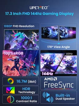 UPERFECT Portable Monitor 17.3" Gaming Monitor 2K 144Hz IPS 100% sRGB Draagbare monitor met VESA-bevestiging voor PS5/PC/Streaming with Dual USB-C/VESA Mount,for Laptop/Switch/MacBook (VESA Mount ) — thumbnail 3