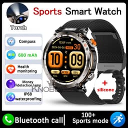 Knobbout 1.7" Outdoor Smartwatch – Digitale Kompas - LED & UV Licht -600mAh batterij - Bluetooth Bellen- IP68 Waterdicht -AI Spraakassistent - Gezondheid & Sportfuncties -Zwart staal + Siliconen Band — thumbnail 1
