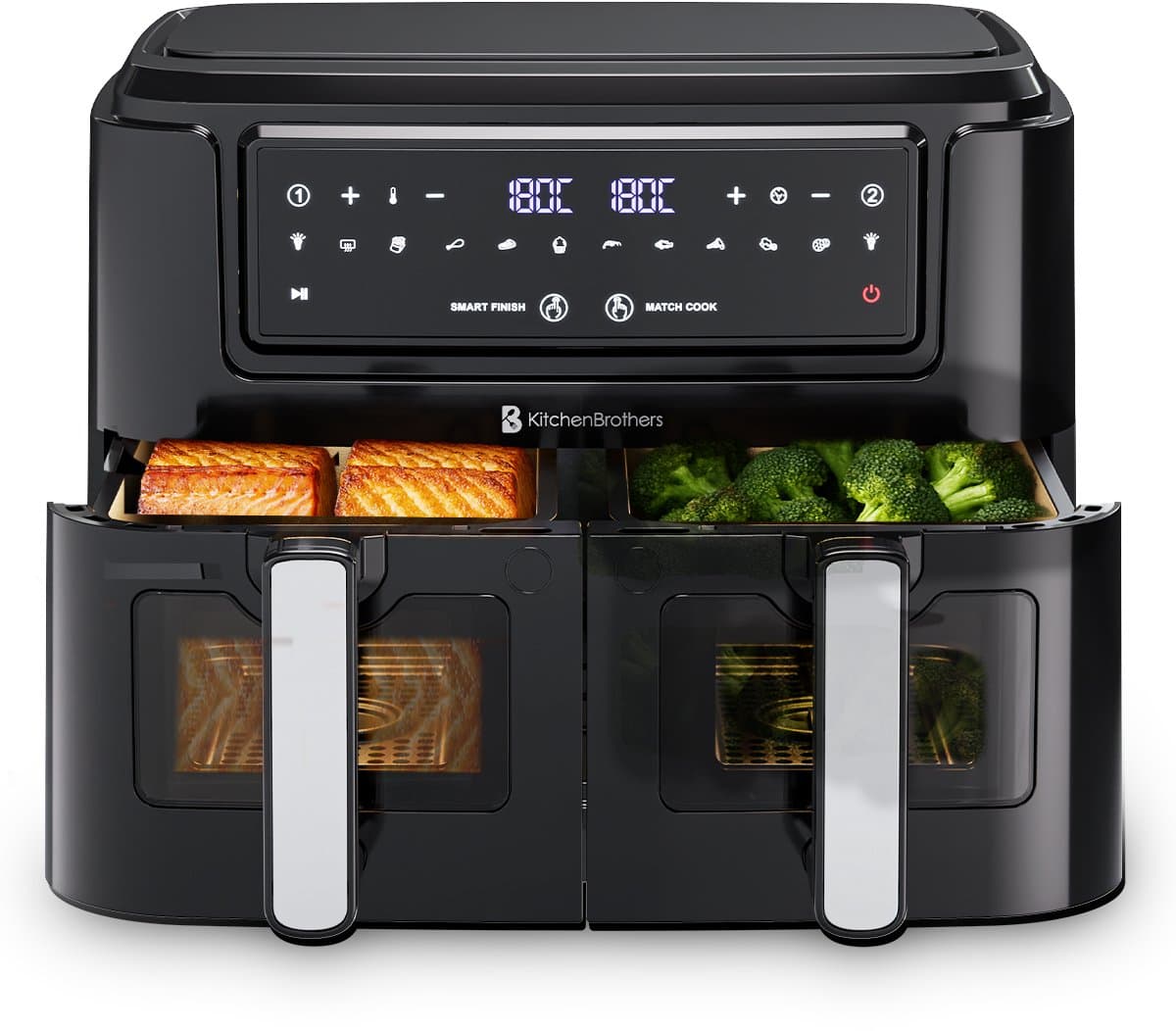 KitchenBrothers Dubbele Airfryer - PFAS-vrij - 2400W - Dual Zone - 9L - Heteluchtfriteuse - Airfryer XXL - 2 x 4.5L - 10 Kookprogramma's - Zwart — afbeelding 1