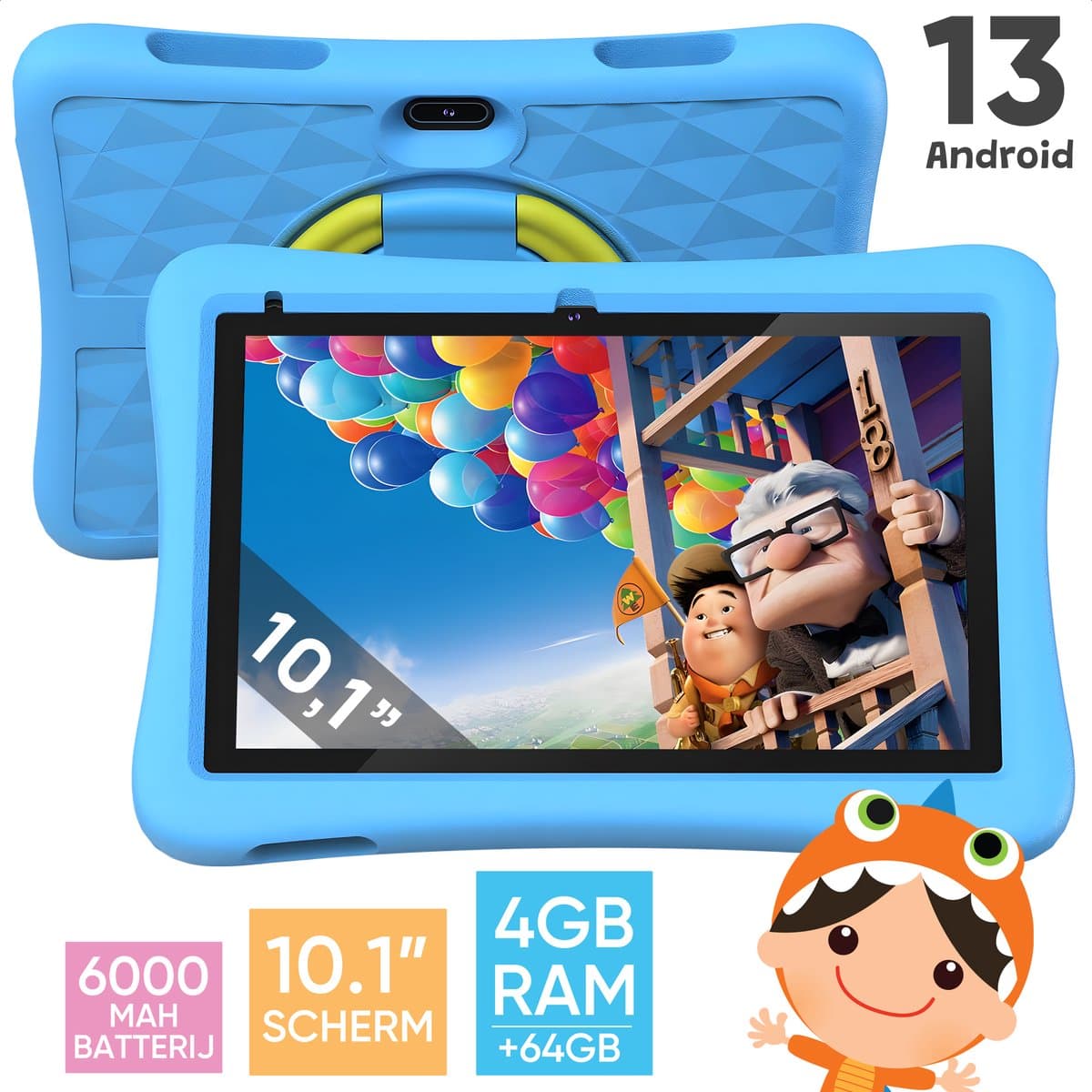 Tidogoods Kindertablet XL – Kindertablet vanaf 3 jaar – 64GB Opslag – 4GB RAM – Android 13.0 – 10.1 inch Scherm – Quad-Core – Inclusief Beschermhoes — afbeelding 1
