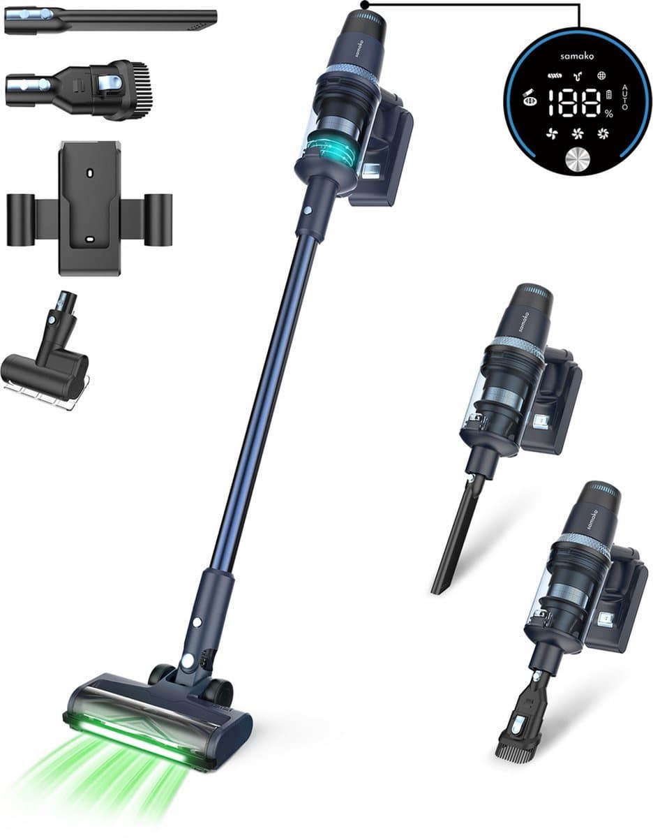 Samako Steelstofzuiger Draadloos - 450W - Kruimeldief - 4 Opzetstukken - Stofzuiger 32kPa zuigkracht - Zonder zak op accu - CleanDetect — afbeelding 1