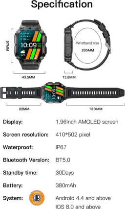 WizBay Premium Select® 1.96 inch AMOLED - Kompas - Bluetooth Bellen - Message - Dynamic Hartslag & Slaap Monitor - Bloeddruk & O2 - 100+ Sport Modi - 650mAh - Magnetic Laden - Zink Alloy Mat Zilveren Kast - Oranje TPU Band — thumbnail 3