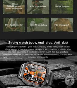 WizBay Premium Select® 1.96 inch AMOLED - Kompas - Bluetooth Bellen - Message - Dynamic Hartslag & Slaap Monitor - Bloeddruk & O2 - 100+ Sport Modi - 650mAh - Magnetic Laden - Zink Alloy Mat Zilveren Kast - Oranje TPU Band — thumbnail 10