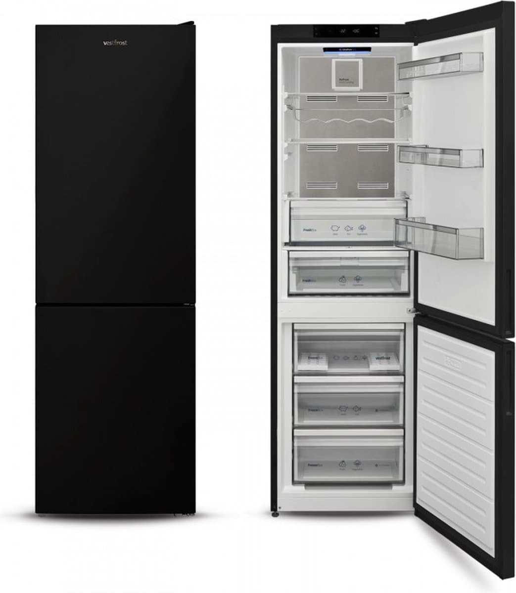 Vestfrost Koel-Vriescombinatie - No*Frost - Strakke Zwarte Look - Maxi-Fresh-filter - Koolstoffilter - 0 °C Lade - Maxi-fresh Filter - Compartiment met instelbare vochtigheid - Deuralarm _ Flessenrek — afbeelding 1