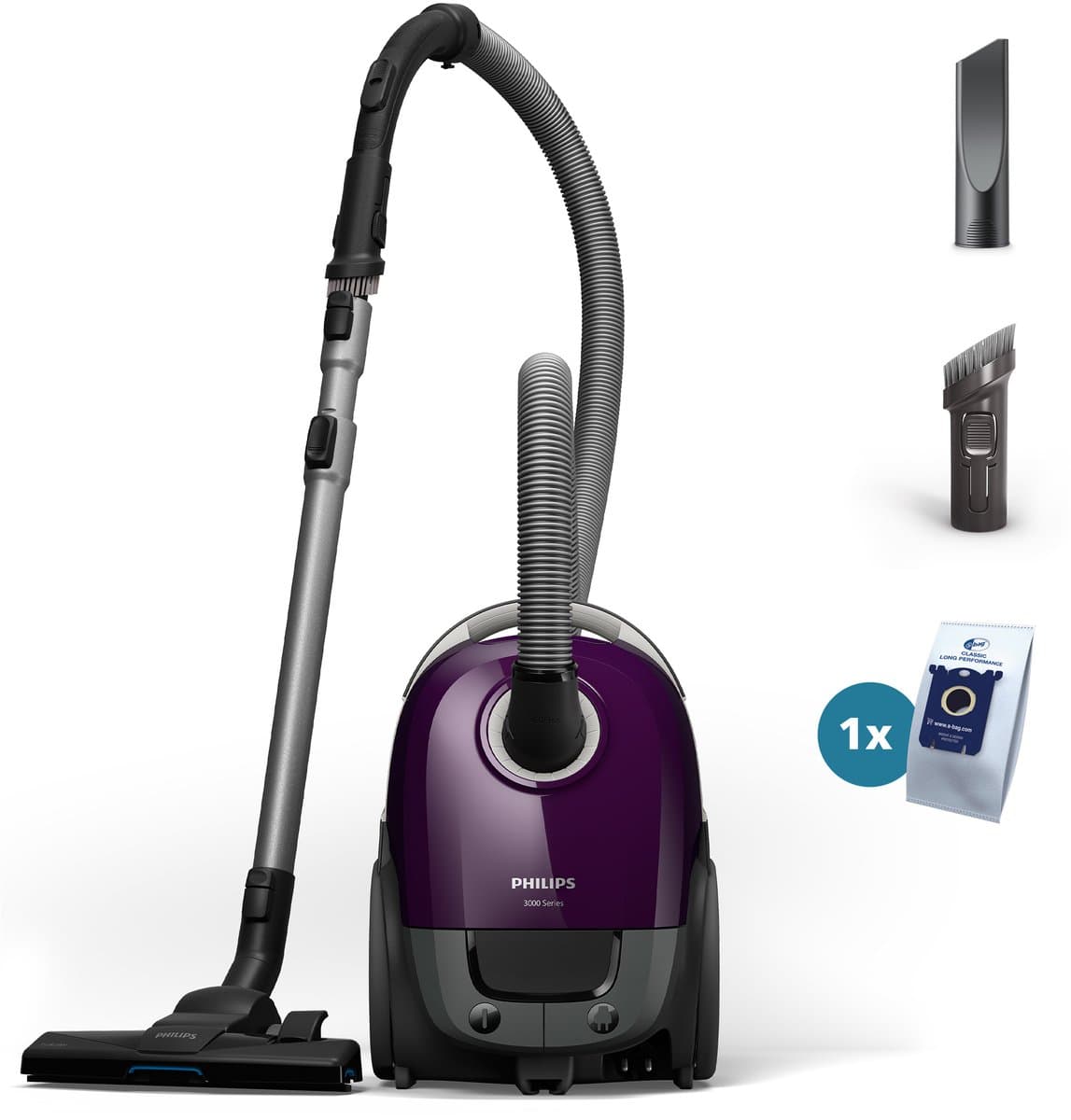 Philips Performer Compact 3000 Series XD3100/06 - Stofzuiger met Zak - Paars - + 2 Extra Mondstukken — afbeelding 1