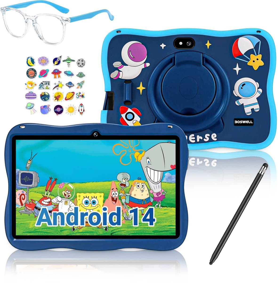 BOSWELL Kindertablet - Kinder Tablet - Kids Tablet - 7 inch - Kindertablet vanaf 3 jaar - Opslag tot 128GB - Android 14 - Ouderlijk Toezicht - Incl. Blauwlichtfilterbril, Touchpen - Blauw — afbeelding 1