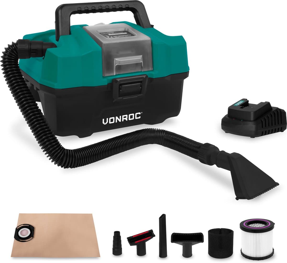 VONROC Compacte alleszuiger / stofzuiger - 20V - Incl. Diverse accessoires, 2.0Ah accu en snellader — afbeelding 1
