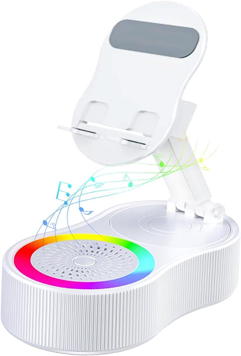 Mobiele telefoonhouder, 2025 verbeterde draadloze inductie-audio-Bluetooth-luidsprekerhouder met kleurrijk omgevingslicht, oplaadbaar voor noodgevallen, 360° opvouwbaar (wit) — afbeelding 1