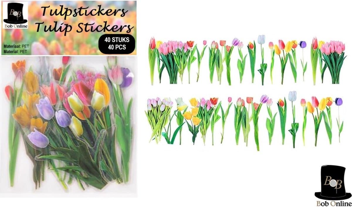 Bob Online™ 40 Stuks - Tulpstickers - PET Materiaal - Scrapbook Stickers - Journal Stickers - Card Making Stickers - Laptop Stickers - Tulp Transparant PET Stickers - 20 Ontwerpen – 40 Pieces - Transparent PET Tulip Stickers – 20 Designs - Bloemen — afbeelding 1