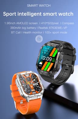 WizBay Premium Select® 1.96 inch AMOLED - Kompas - Bluetooth Bellen - Message - Dynamic Hartslag & Slaap Monitor - Bloeddruk & O2 - 100+ Sport Modi - 650mAh - Magnetic Laden - Zink Alloy Mat Zilveren Kast - Oranje TPU Band — thumbnail 2