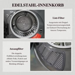 Re-purelife® wasdroger compact met 4 programma’s - kledingdroger met roestvrijstalen trommel - droger met PTC-keramische verwarming, wandmontage of stapelbaar - zilvergrijs 49,5 × 42 × 59,5 cm — thumbnail 9