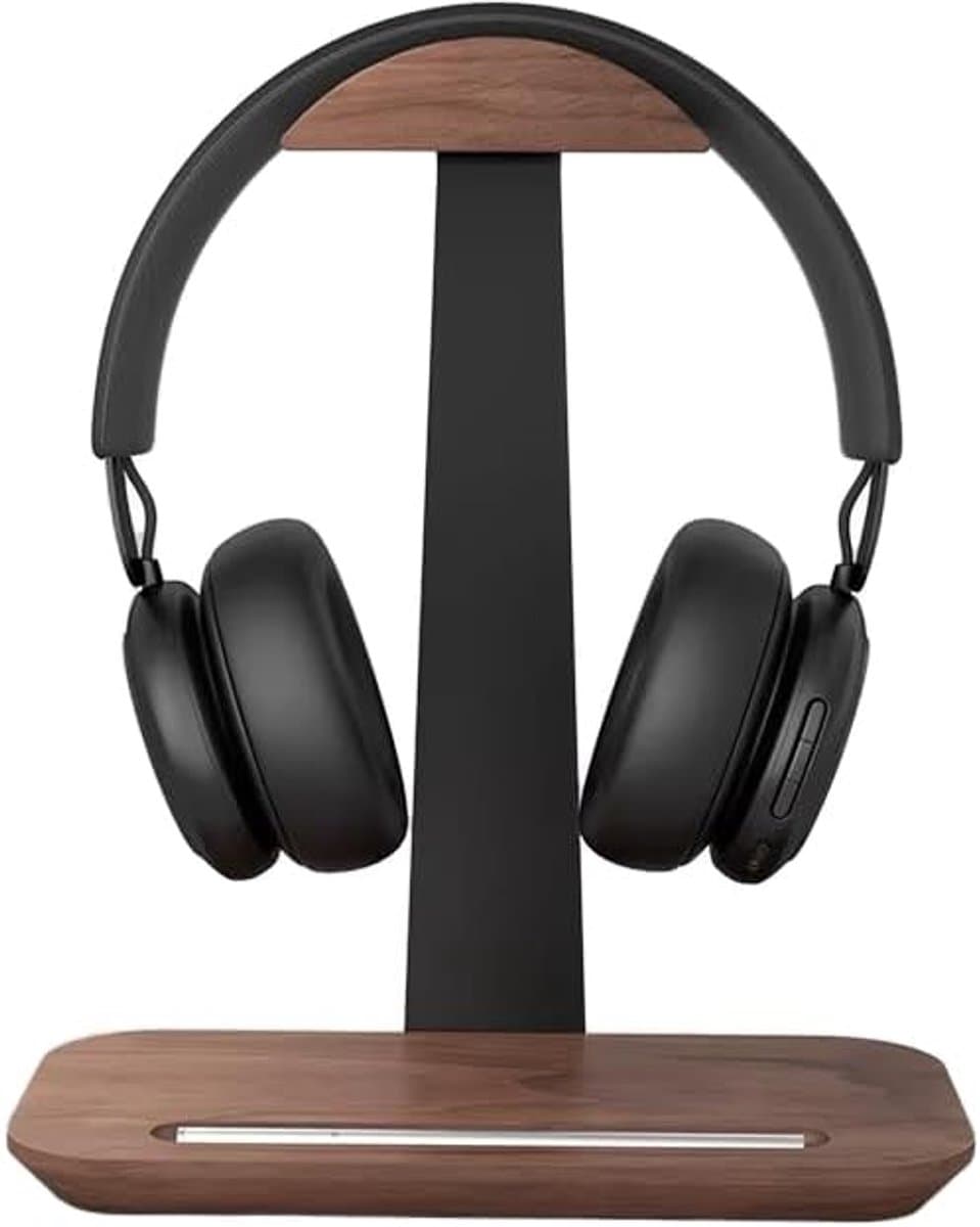 Houten hoofdtelefoonstandaard met opbergfunctie. Compatibel met AirPods Max, Beats, Bose, Sony en andere merken hoofdtelefoons, geschikt voor gaming en andere toepassingen. — afbeelding 1