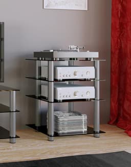 VCM hifi-kasten, platenspelerkast, stereokast, hifi-rekken, routerstandaard, hifi-rekken en -standaards, witte platenspelerstandaard, draaitafelstandaard met opbergruimte voor vinylplaten, platenspelermeubel, glazen tv-meubel, mediameubel — thumbnail 3