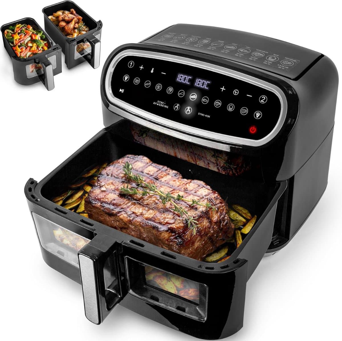AF34 BK Set Airfryer met 1 grote lade van 10L en 2 kleine lades van 5L inbegrepen 10 Voorgeprogrammeerde Kookprogramma's Zonder olie Sync Cook en Sync Finish functies — afbeelding 1