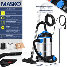 MASKO® Alleszuiger Nat- en Droogzuiger 1800W + stopcontact, Blaasfunctie, Droog- & natzuigen | Industriële stofzuiger vuilreservoir 30L Bouwstofzuiger - Blauw — thumbnail 3