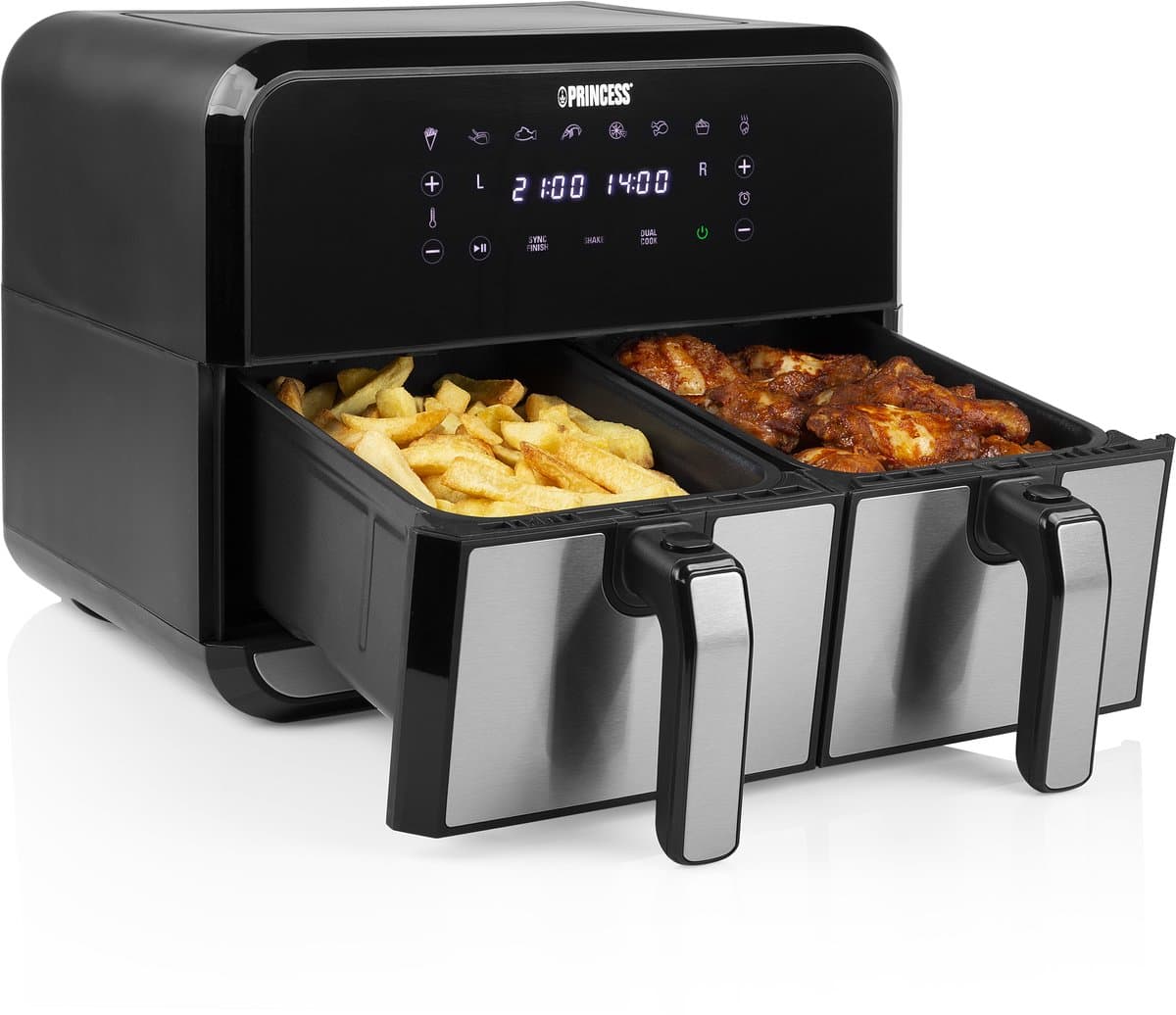 Princess Double Basket Airfryer 182074 - Dubbele Airfryer - 9 liter - 2 manden - XL - 8 programma's- 2400W - Dubbele heteluchtfriteuse - PFAS vrij - Touchscreen - RVS/Zwart - Sync functie — afbeelding 1