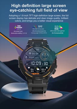 Knobbout 1.52" (3.8cm) Schokbestendig Sport Smartwatch - Zijwaartse LED-verlichting-Bloeddrukmeting, hartslag monitoring en bloedzuurstof (SpO₂)-controle- Bluetooth belfunctie - Sedentaire herinnering-Sedentaire herinnering-Zwart stall+ siliconenband — thumbnail 9