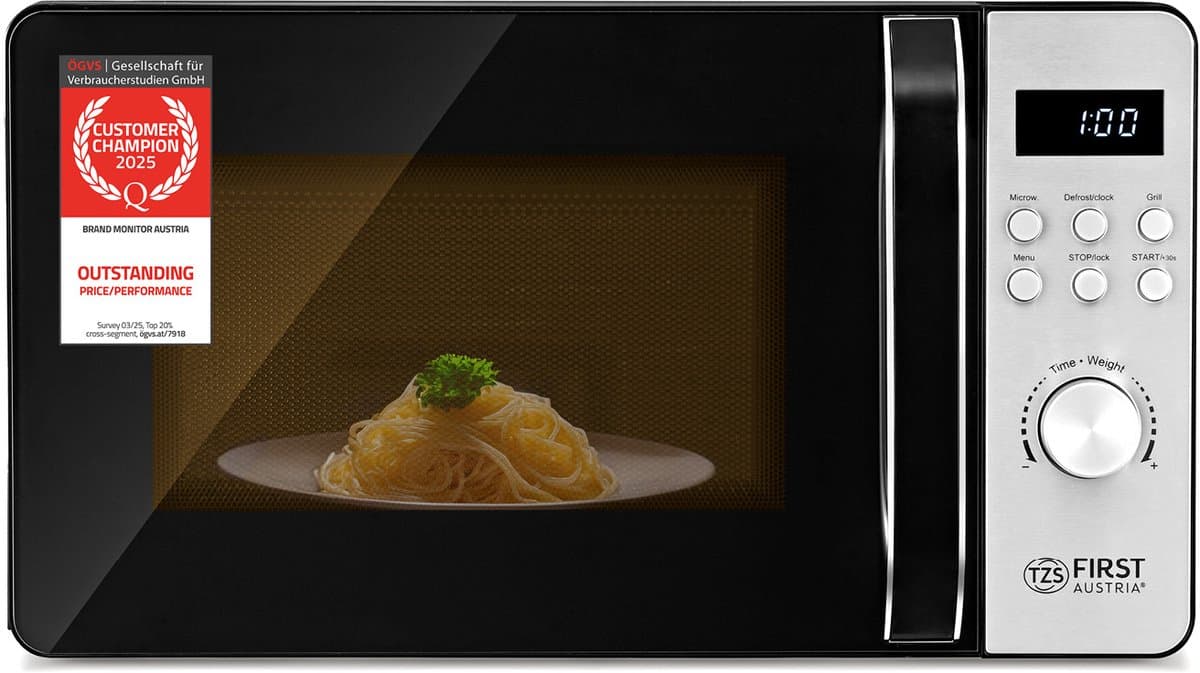 TZS First Austria Magnetron met Grill - 700W/800W - 20L - 8 programma’s - Digitaal - Zwart/RVS — afbeelding 1